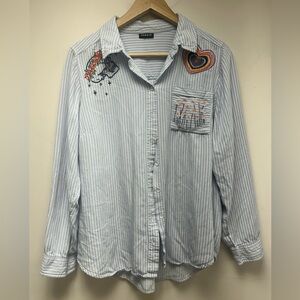 Torrid Blue Striped Button Down Shirt with Embroidered Accents Sz 1